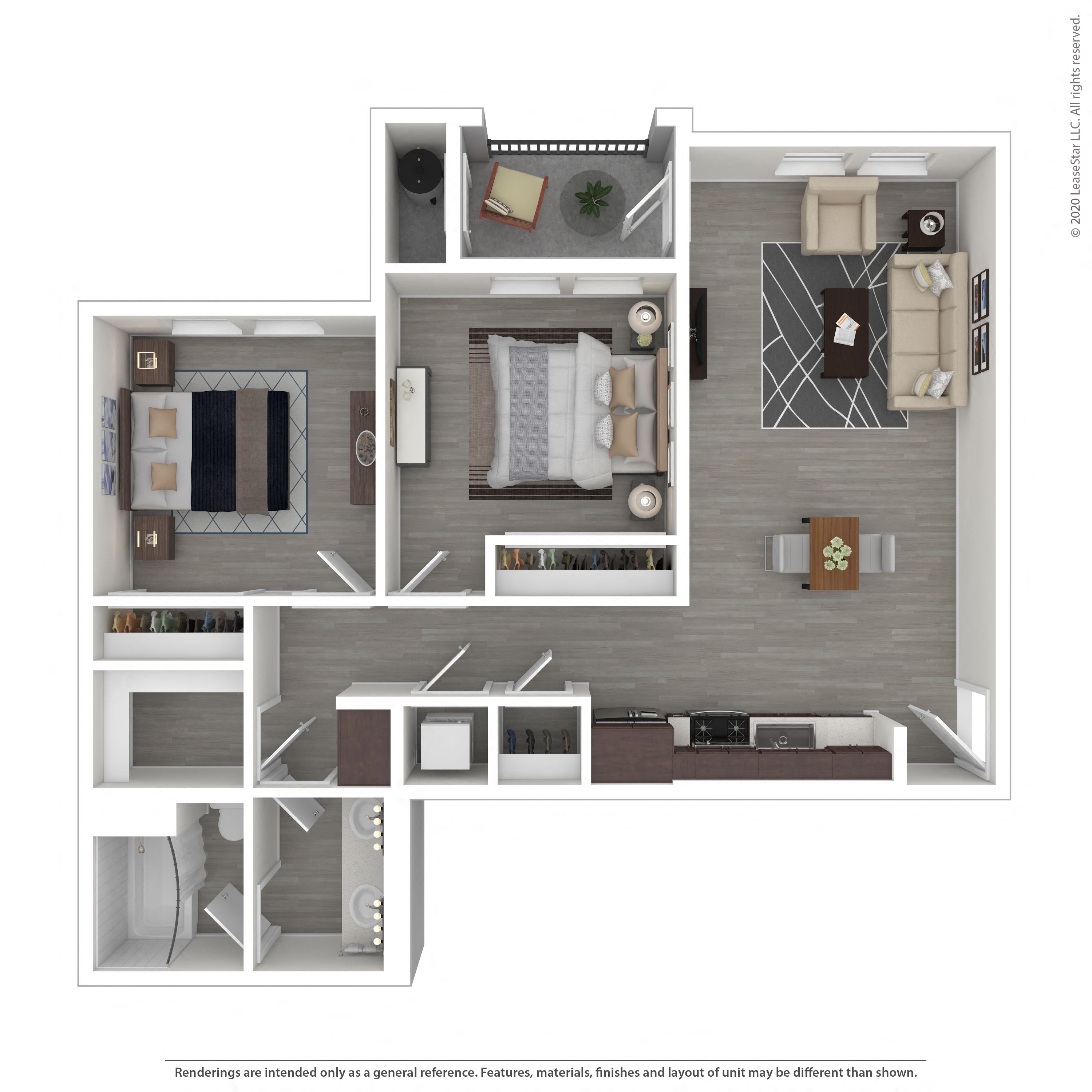 Floor plan for 2 beds, 1 bath, 945 sqft